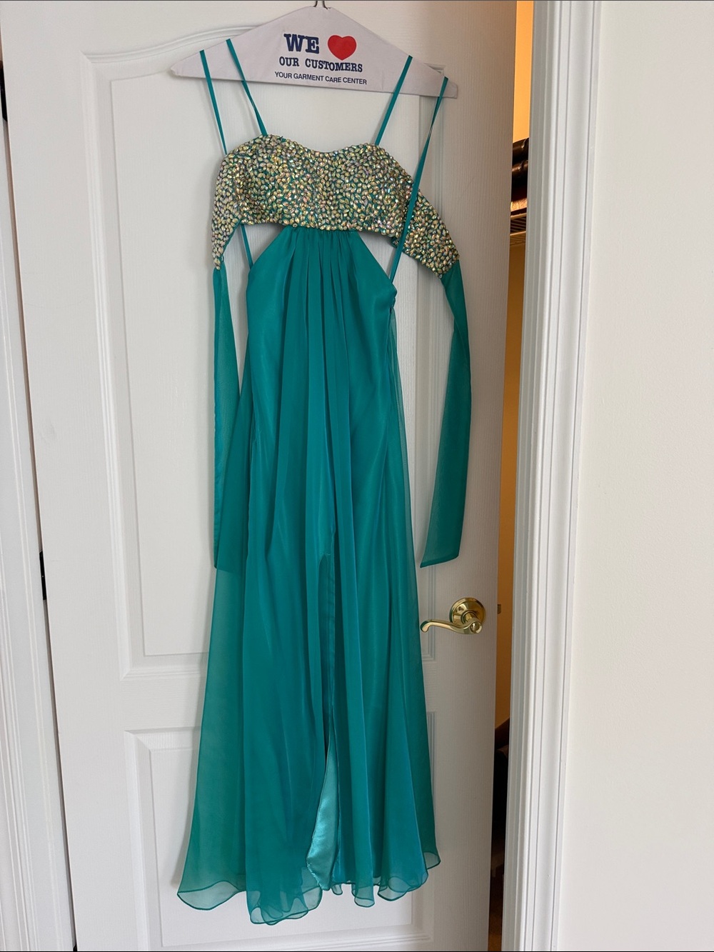 La Femme Teal Beaded Strapless Prom Gown
